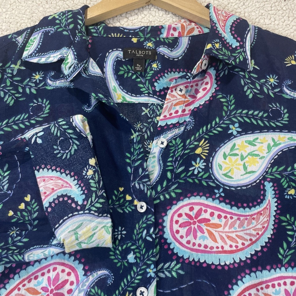 Talbots Button Up Shirt Womens SP Navy Blue Paisley Floral Long Sleeve Blouse